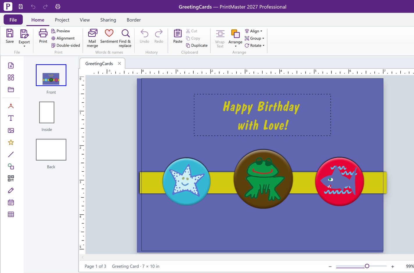 A PrintMaster v8 Platinum greeting card opened in PrintMaster 2027