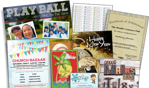 A collage of ready-made PrintMaster projects: flyers, cards, certificates and calendars