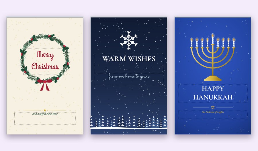 Holiday cards in PrintMaster 2027: Merry Christmas, Warm Wishes and Happy Hanukkah