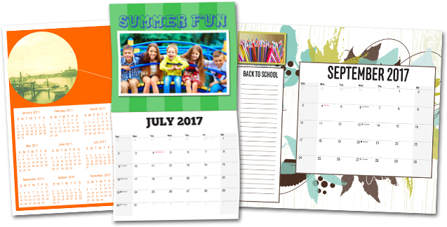 A photo calendar page next to its monthly layouts