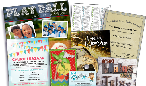 A collage of ready-made PrintMaster projects: flyers, cards, calendars and certificates
