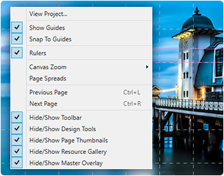 The View menu with guides, snap to guide and rulers, beside a flyer layout