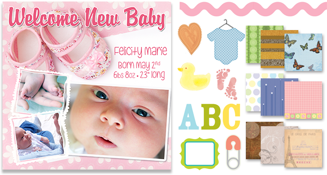 A scrapbook page with a film strip, frames and a baby-shower layout