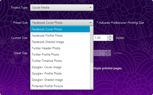 Choosing a social media project type and size in PrintMaster