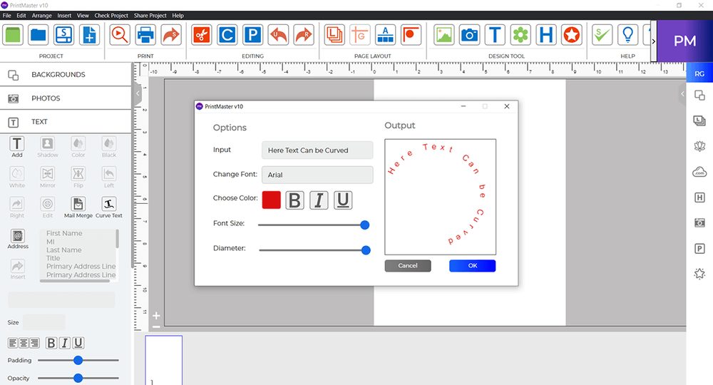 Curving a line of text in PrintMaster 10