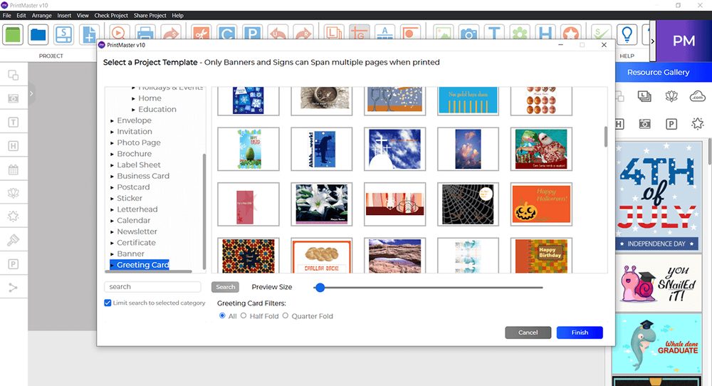 Choosing a ready-made template in PrintMaster 10